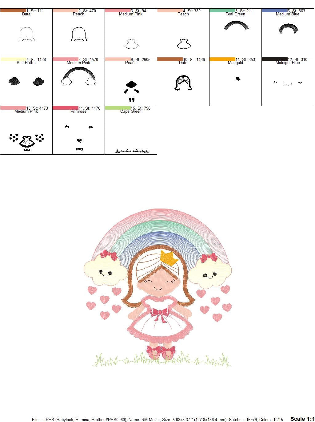 Girl with rainbow and hearts embroidery designs - Raining Rainbow embroidery design machine embroidery pattern - instant download pes jef Marcia Embroidery