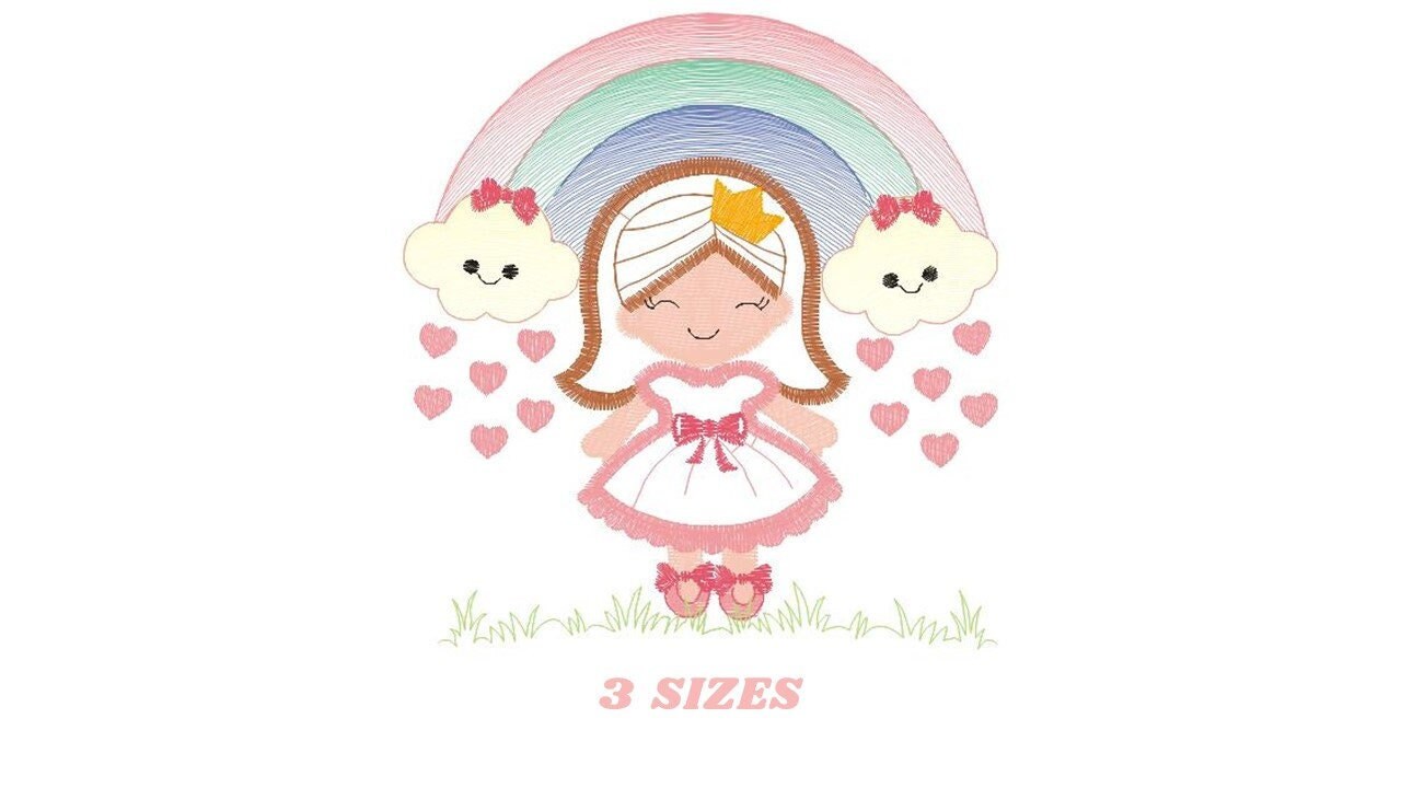 Girl with rainbow and hearts embroidery designs - Raining Rainbow embroidery design machine embroidery pattern - instant download pes jef Marcia Embroidery