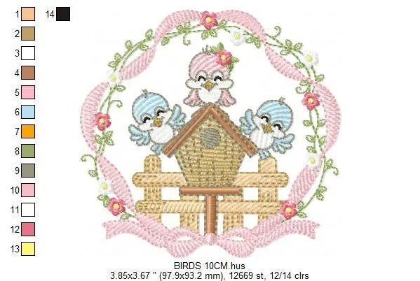 Birds with flower frame embroidery designs - Birdhouse machine embroidery pattern - Family love bird Kitchen towel file - Instant download Marcia Embroidery