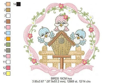 Birds with flower frame embroidery designs - Birdhouse machine embroidery pattern - Family love bird Kitchen towel file - Instant download Marcia Embroidery