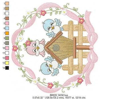 Birds with flower frame embroidery designs - Birdhouse machine embroidery pattern - Family love bird Kitchen towel file - Instant download Marcia Embroidery