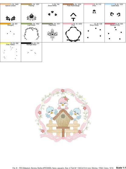Birds with flower frame embroidery designs - Birdhouse machine embroidery pattern - Family love bird Kitchen towel file - Instant download Marcia Embroidery
