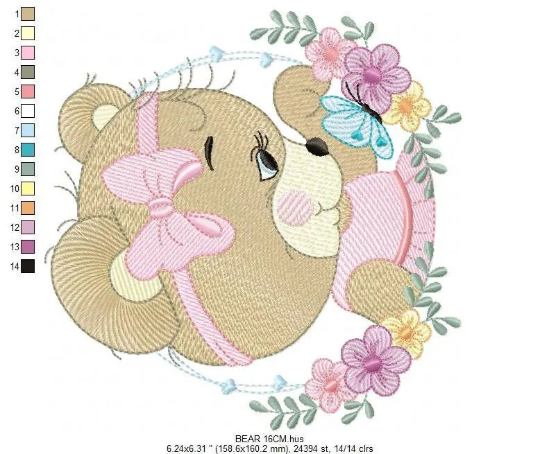 Female Bear embroidery designs - Baby girl embroidery design machine embroidery pattern - Bear with butterfly embroidery file - digital file Marcia Embroidery
