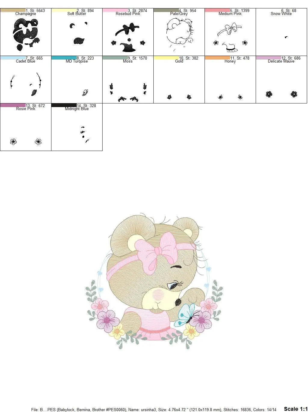 Female Bear embroidery designs - Baby girl embroidery design machine embroidery pattern - Bear with butterfly embroidery file - digital file Marcia Embroidery