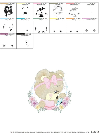 Female Bear embroidery designs - Baby girl embroidery design machine embroidery pattern - Bear with butterfly embroidery file - digital file Marcia Embroidery