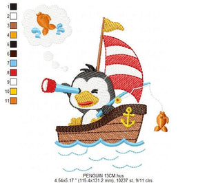 Sailor Penguin embroidery designs - Boat embroidery design machine embroidery pattern - Baby boy embroidery file - digital download hus dst