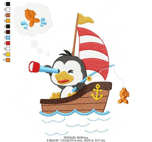 Sailor Penguin embroidery designs - Boat embroidery design machine embroidery pattern - Baby boy embroidery file - digital download hus dst