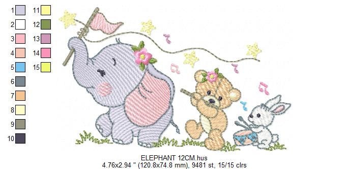 Animal band embroidery designs - Musical animals embroidery design machine embroidery pattern -  Elephant embroidery file - Bear and Rabbit