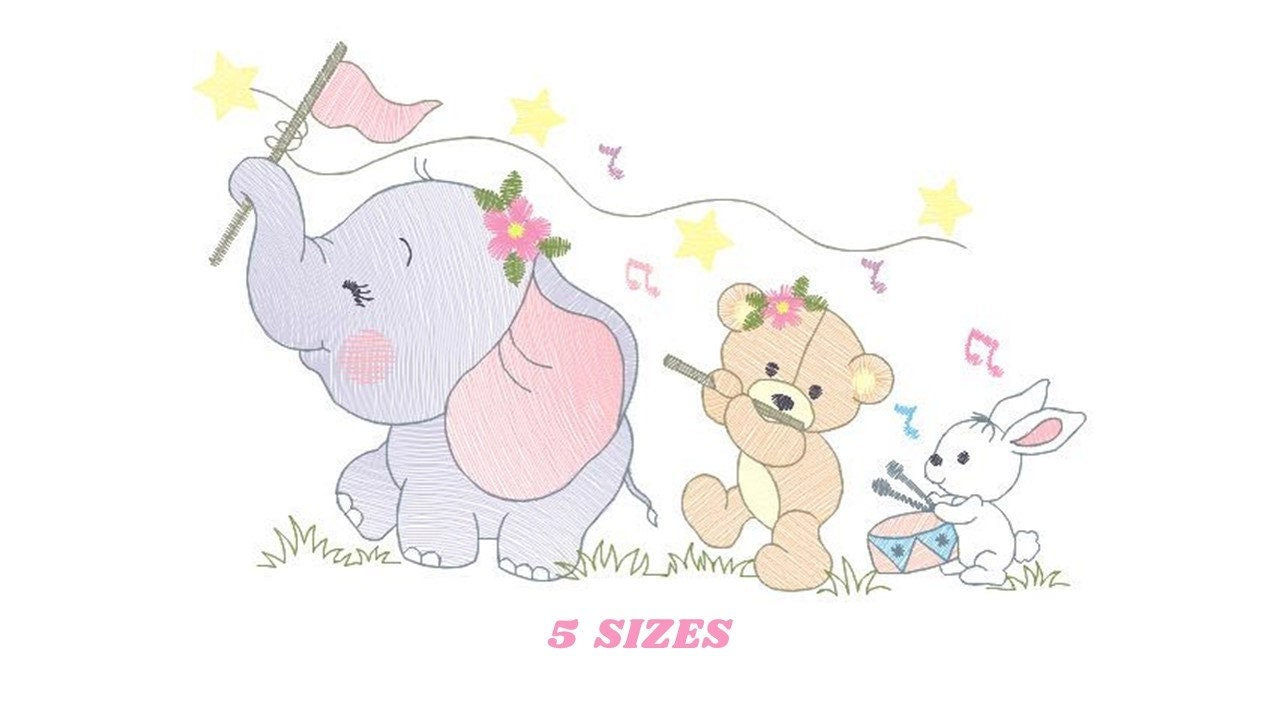Animal band embroidery designs - Musical animals embroidery design machine embroidery pattern -  Elephant embroidery file - Bear and Rabbit
