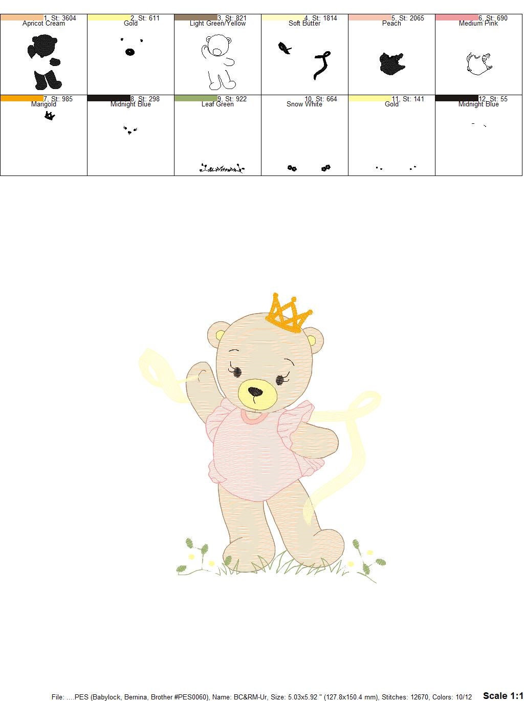 Bear embroidery designs - Ballerina embroidery design machine embroidery pattern - Baby girl embroidery file - Ballerina bear with crown - Marcia Embroidery