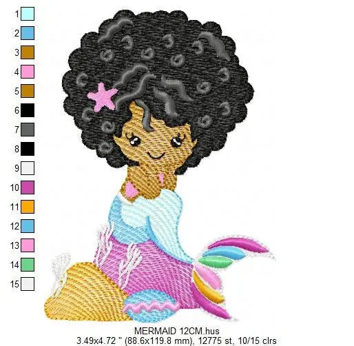 Mermaid with Curly hair embroidery designs - African American machine embroidery pattern - Black girl with curly hair - Instant download pes Marcia Embroidery