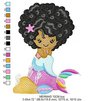 Mermaid with Curly hair embroidery designs - African American machine embroidery pattern - Black girl with curly hair - Instant download pes Marcia Embroidery