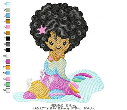 Mermaid with Curly hair embroidery designs - African American machine embroidery pattern - Black girl with curly hair - Instant download pes Marcia Embroidery