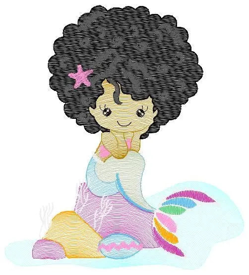 Mermaid with Curly hair embroidery designs - African American machine embroidery pattern - Black girl with curly hair - Instant download pes Marcia Embroidery
