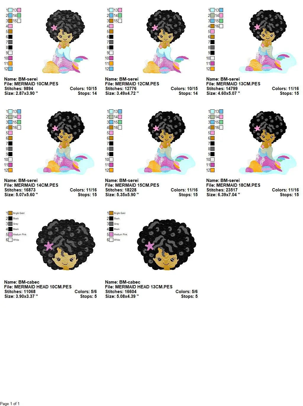 Mermaid with Curly hair embroidery designs - African American machine embroidery pattern - Black girl with curly hair - Instant download pes Marcia Embroidery