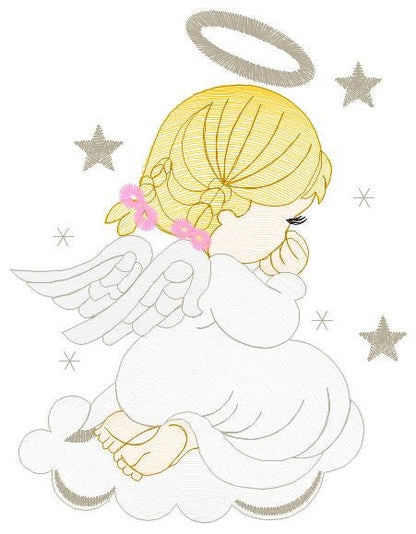 Girl Angel with wings halo and cloud embroidery designs - Baby girl machine embroidery pattern - Angel embroidery - Instant download pes jef