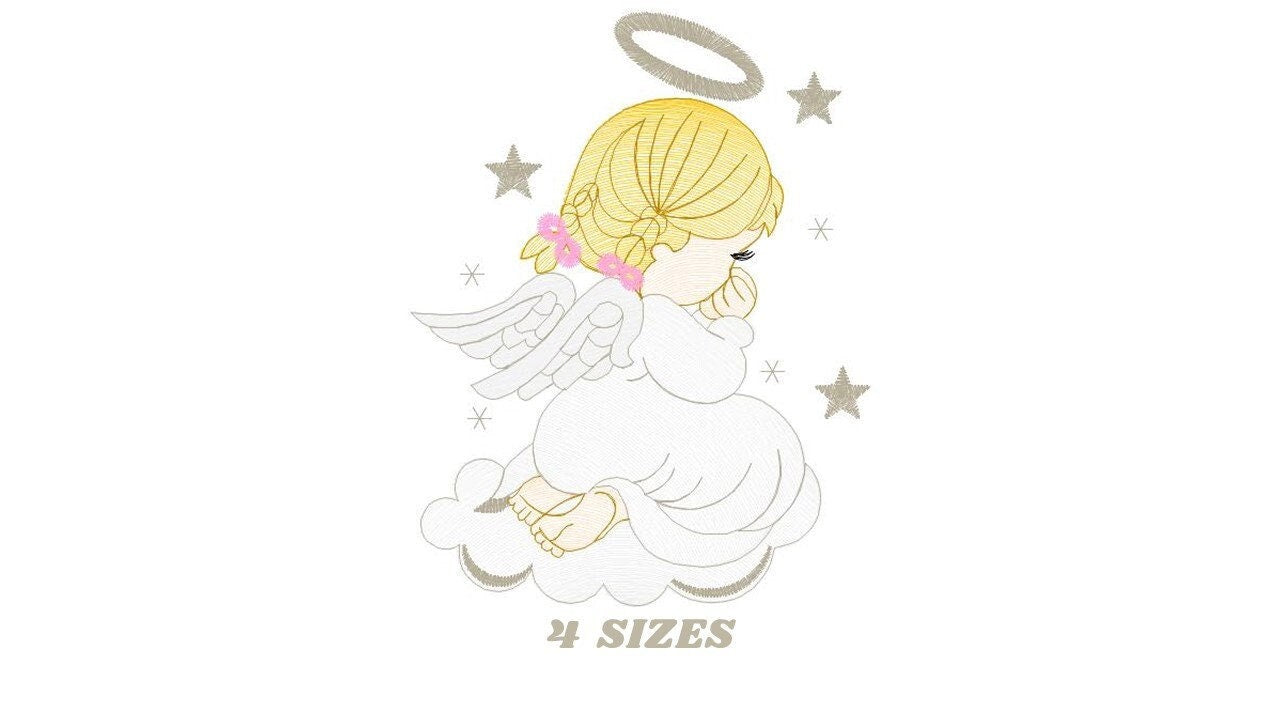 Girl Angel with wings halo and cloud embroidery designs - Baby girl machine embroidery pattern - Angel embroidery - Instant download pes jef