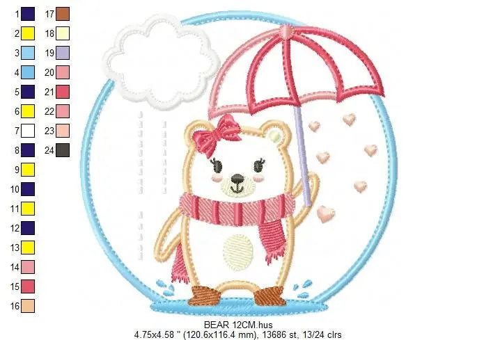 Bear in the rain embroidery designs - Winter embroidery design machine embroidery pattern - Bear with umbrella embroidery file Marcia Embroidery