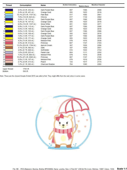 Bear in the rain embroidery designs - Winter embroidery design machine embroidery pattern - Bear with umbrella embroidery file Marcia Embroidery
