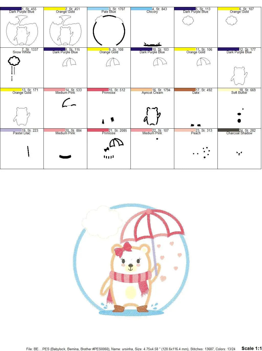 Bear in the rain embroidery designs - Winter embroidery design machine embroidery pattern - Bear with umbrella embroidery file Marcia Embroidery