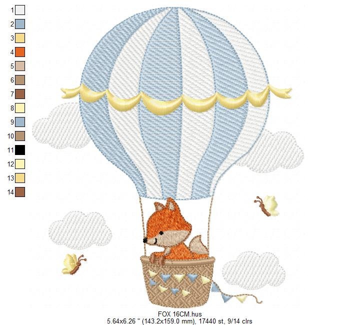 Fox embroidery designs - Hot air balloon embroidery design machine embroidery pattern - Animal embroidery file - woodland animals download