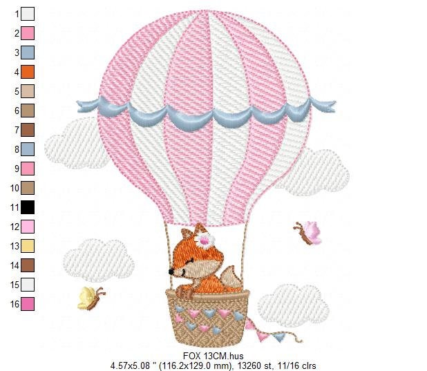 Fox embroidery designs - Hot air balloon embroidery design machine embroidery pattern - Animal embroidery file - woodland animals download