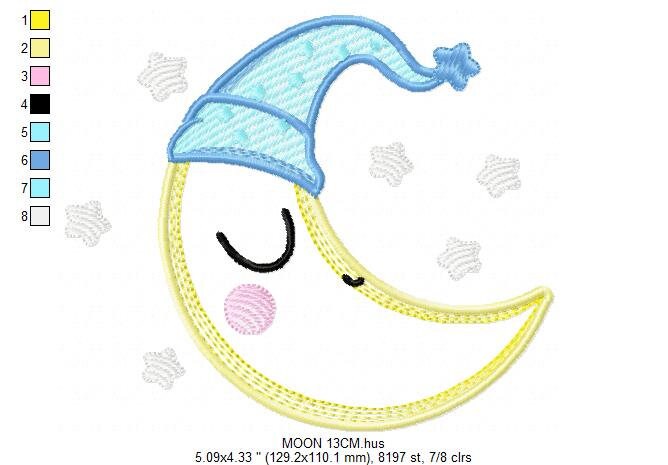 Sleeping moon embroidery design - half moon embroidery design machine embroidery pattern - baby boy embroidery file - kid embroidery sky