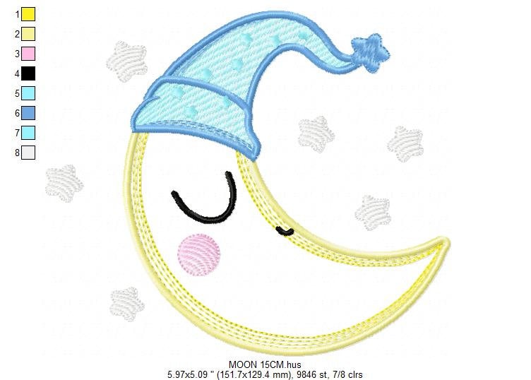 Sleeping moon embroidery design - half moon embroidery design machine embroidery pattern - baby boy embroidery file - kid embroidery sky