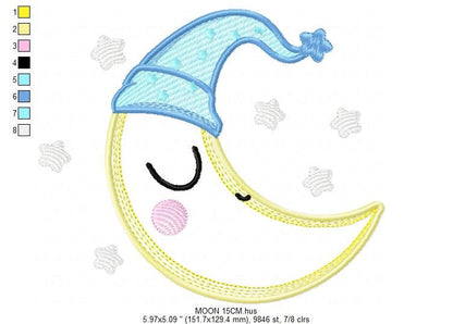 Sleeping moon embroidery design - half moon embroidery design machine embroidery pattern - baby boy embroidery file - kid embroidery sky