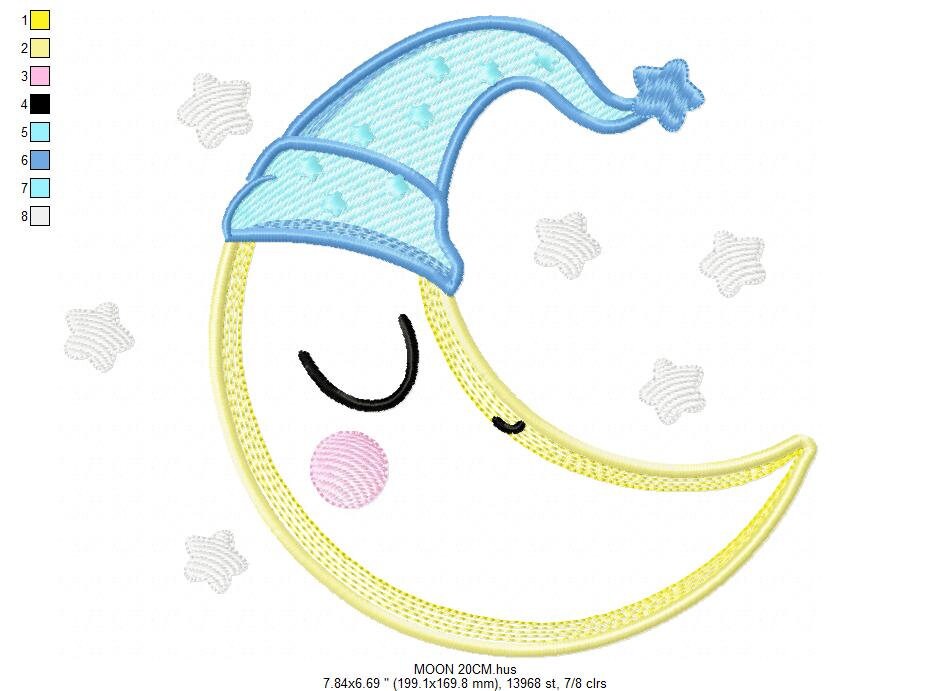 Sleeping moon embroidery design - half moon embroidery design machine embroidery pattern - baby boy embroidery file - kid embroidery sky