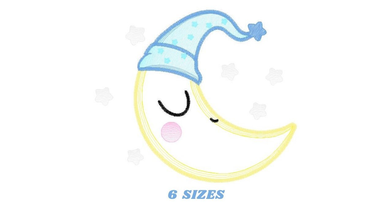 Sleeping moon embroidery design - half moon embroidery design machine embroidery pattern - baby boy embroidery file - kid embroidery sky