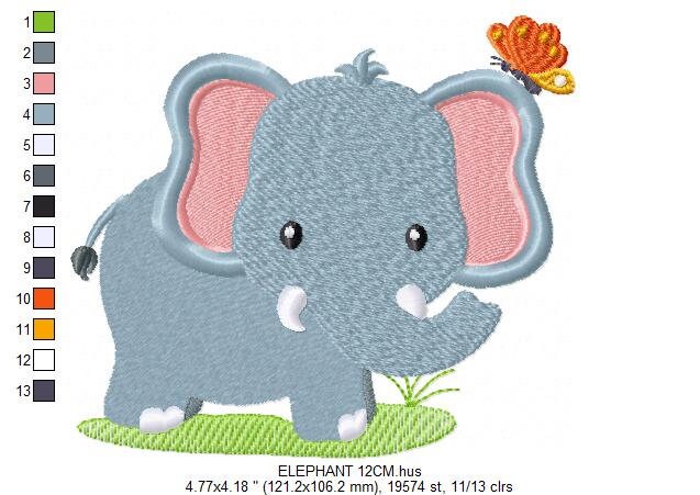 Elephant with Butterfly embroidery designs -  Safari Wild Animal machine embroidery pattern - Baby Boy file - Instant download pes jef dst