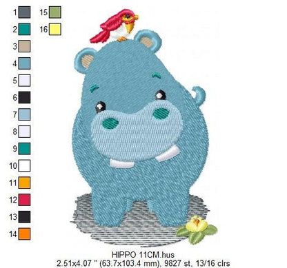 Hippo with bird embroidery designs - Hippopotamus machine embroidery pattern - Baby Boy Safari Wild Animal file - Instant download pes jef