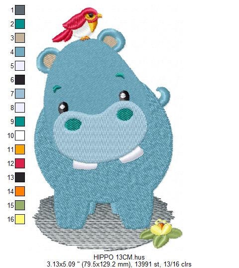 Hippo with bird embroidery designs - Hippopotamus machine embroidery pattern - Baby Boy Safari Wild Animal file - Instant download pes jef