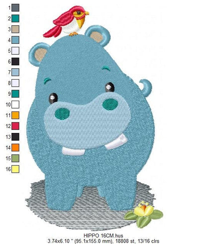 Hippo with bird embroidery designs - Hippopotamus machine embroidery pattern - Baby Boy Safari Wild Animal file - Instant download pes jef