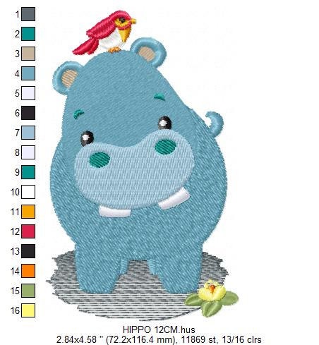 Hippo with bird embroidery designs - Hippopotamus machine embroidery pattern - Baby Boy Safari Wild Animal file - Instant download pes jef