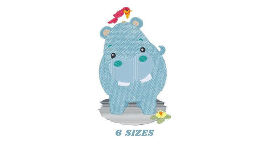 Hippo with bird embroidery designs - Hippopotamus machine embroidery pattern - Baby Boy Safari Wild Animal file - Instant download pes jef