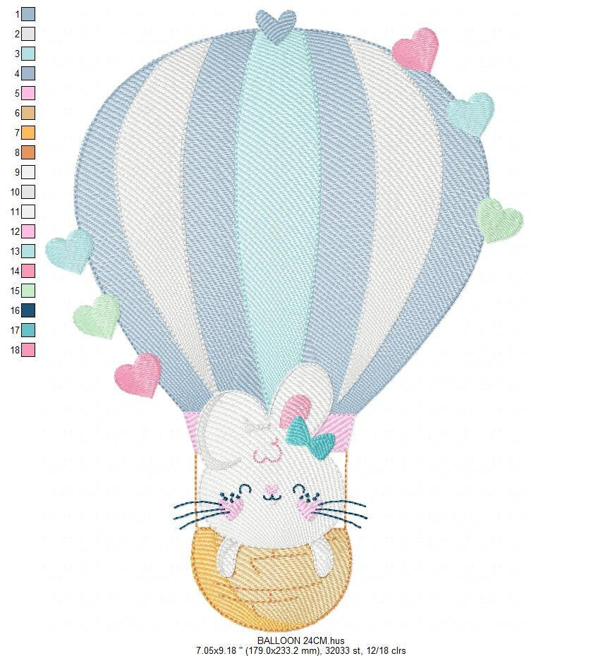 Balloon embroidery designs - Hot air balloon embroidery design machine embroidery pattern - Balloon with Bunny embroidery file pes download - Marcia Embroidery
