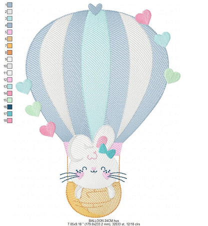 Balloon embroidery designs - Hot air balloon embroidery design machine embroidery pattern - Balloon with Bunny embroidery file pes download - Marcia Embroidery