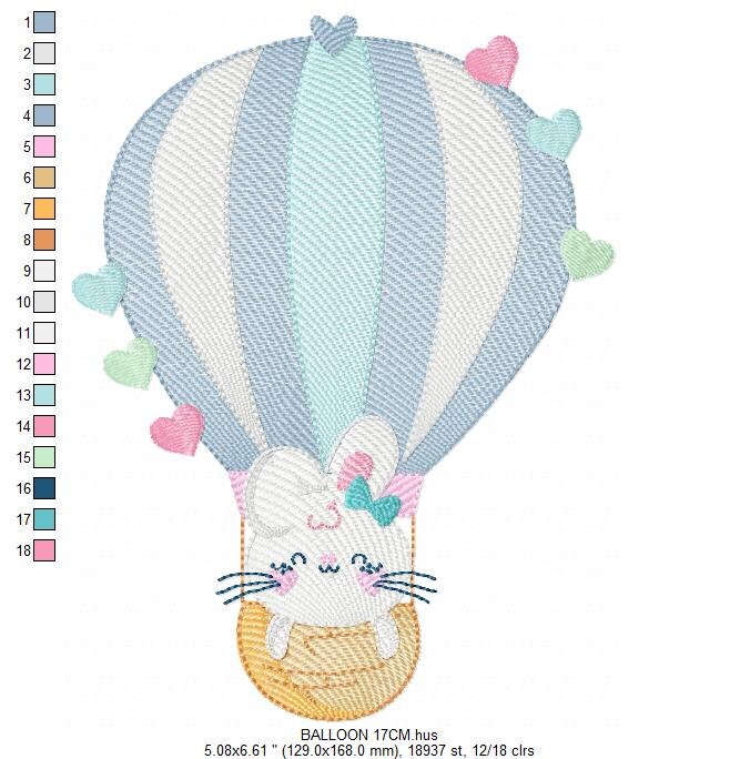 Balloon embroidery designs - Hot air balloon embroidery design machine embroidery pattern - Balloon with Bunny embroidery file pes download - Marcia Embroidery