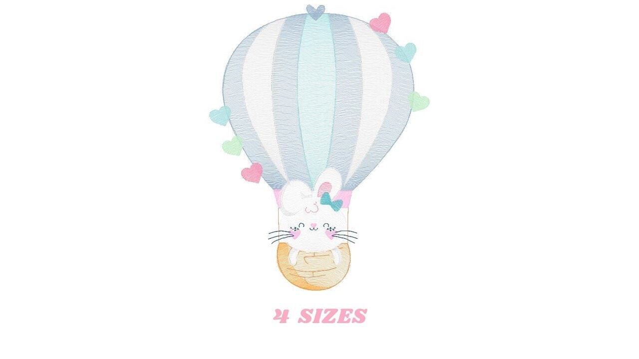Balloon embroidery designs - Hot air balloon embroidery design machine embroidery pattern - Balloon with Bunny embroidery file pes download - Marcia Embroidery