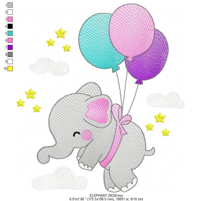 Elephant embroidery designs - Safari wild animal with balloons  machine embroidery pattern - Elephant with balloons - Instant download pes Marcia Embroidery