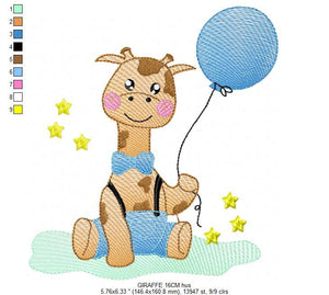 Baby Giraffe embroidery design - Animal embroidery designs machine embroidery pattern - Baby boy embroidery file - giraffe with balloons pes