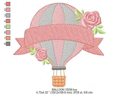 Balloon with roses embroidery designs - Hot air balloon embroidery design machine embroidery pattern - Baby girl embroidery file download Marcia Embroidery