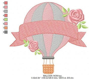 Balloon with roses embroidery designs - Hot air balloon embroidery design machine embroidery pattern - Baby girl embroidery file download Marcia Embroidery