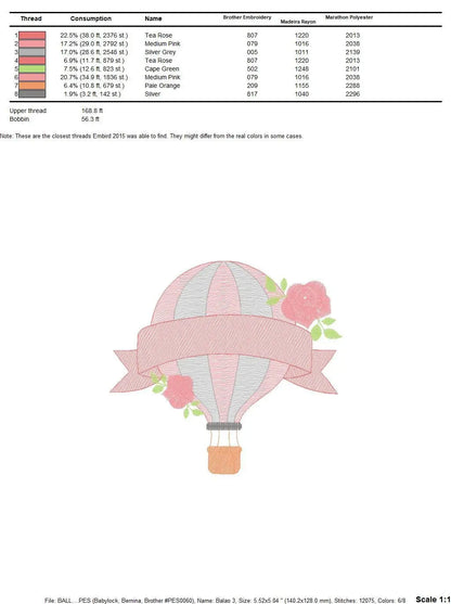 Balloon with roses embroidery designs - Hot air balloon embroidery design machine embroidery pattern - Baby girl embroidery file download Marcia Embroidery