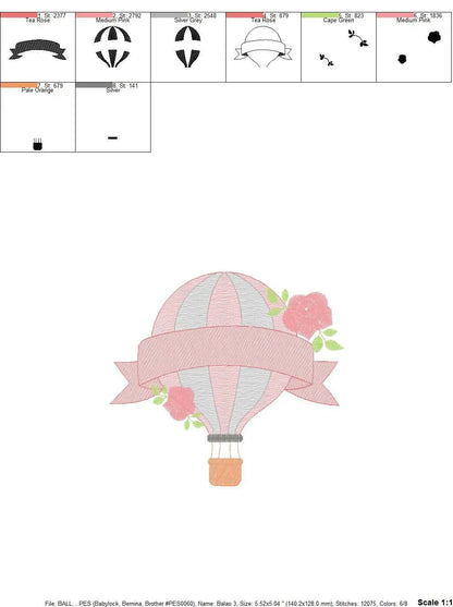 Balloon with roses embroidery designs - Hot air balloon embroidery design machine embroidery pattern - Baby girl embroidery file download Marcia Embroidery