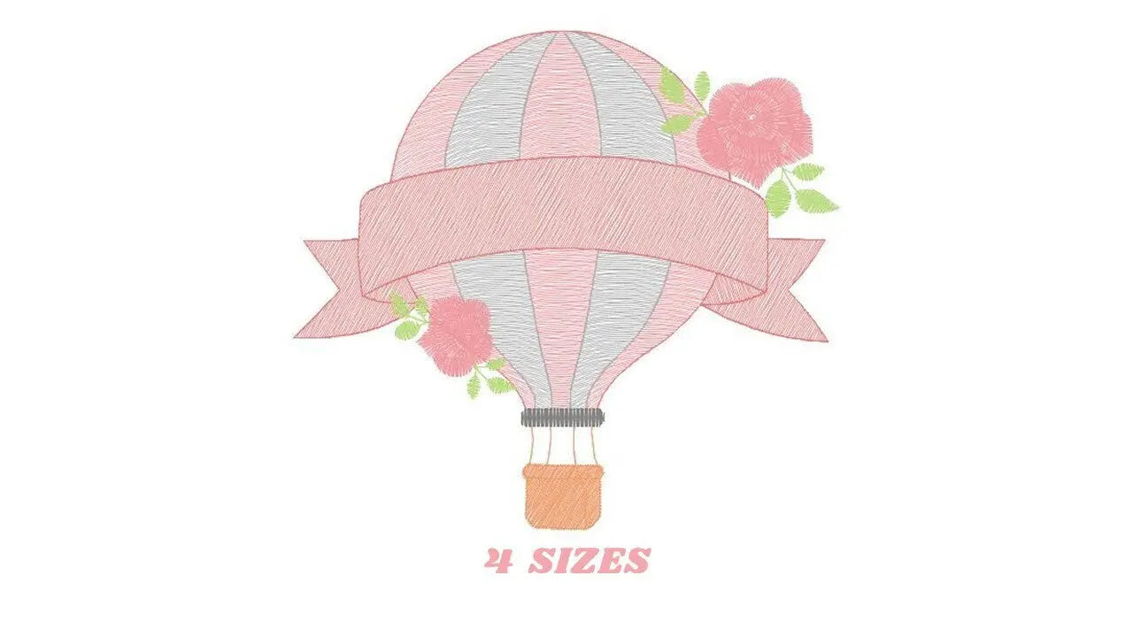 Balloon with roses embroidery designs - Hot air balloon embroidery design machine embroidery pattern - Baby girl embroidery file download Marcia Embroidery
