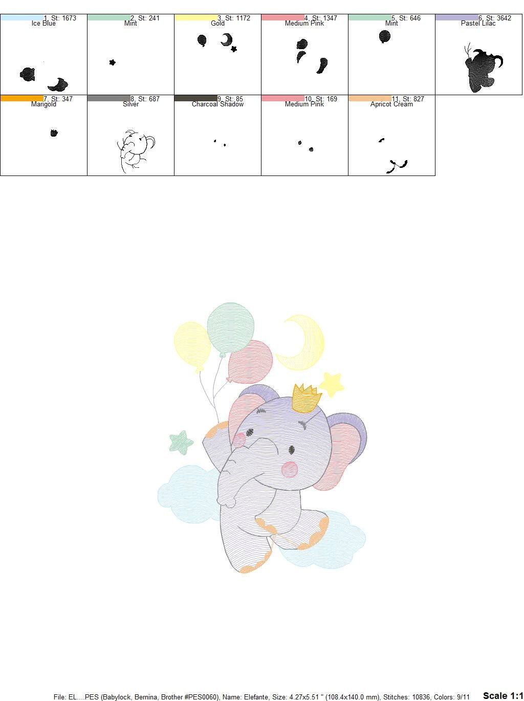 Elephant embroidery designs - Hot air balloon embroidery design machine embroidery pattern - Safari embroidery file - Elephant with balloons Marcia Embroidery