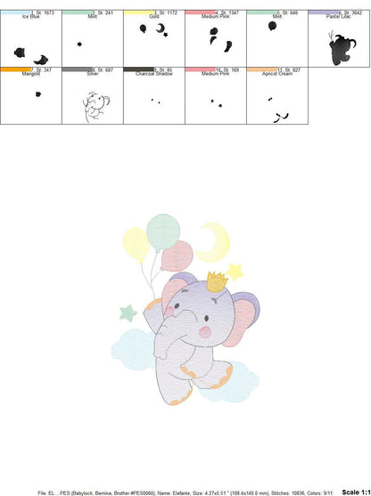 Elephant embroidery designs - Hot air balloon embroidery design machine embroidery pattern - Safari embroidery file - Elephant with balloons Marcia Embroidery
